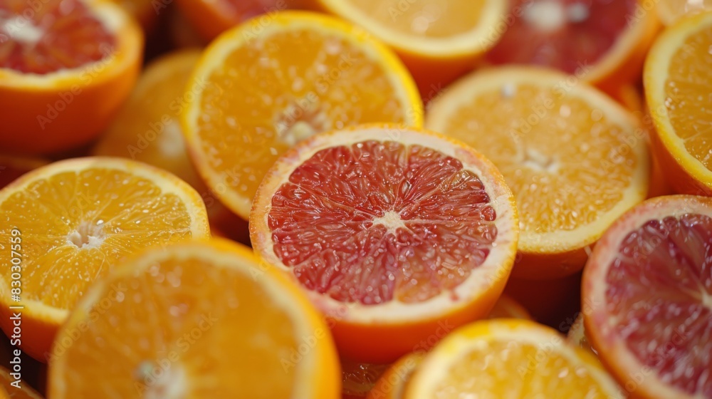 Close-up of vibrant freshly sliced oranges, with a focus on a cross-section of a blood orange. Close-up of vibrant freshly sliced oranges, with a focus on a cross-section of a blood orange.