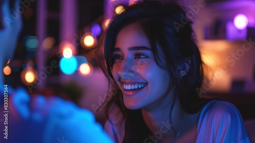 A woman smiling and talking in a colorful neon-lit environment, possibly during a friendly or therapeutic conversation.