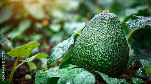 Close-up of a ripe avocado on the ground  surrounded by green leaves with water droplets  in a cinematic style.