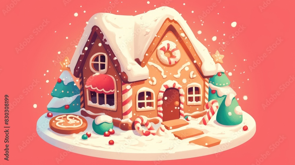 A charming hand drawn gingerbread house depicted in a 2d illustration serving as a delightful gingerbread icon A charming hand drawn gingerbread house depicted in a 2d illustration serving as a delightful gingerbread icon