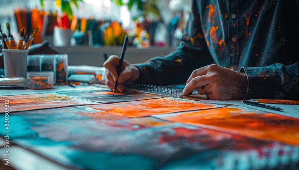 Close-up of artist painting with watercolors