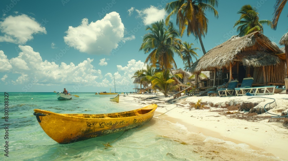 Canoes on a sandy beach at a luxury resort with clear skies, palm trees, and a hut.