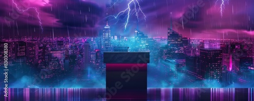 Striking pop-art styled cityscape with podium and lightning in neon colors