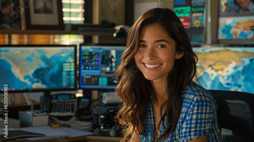 A smiling woman with long hair, wearing a checkered shirt, sits in front of computer screens displaying world maps.