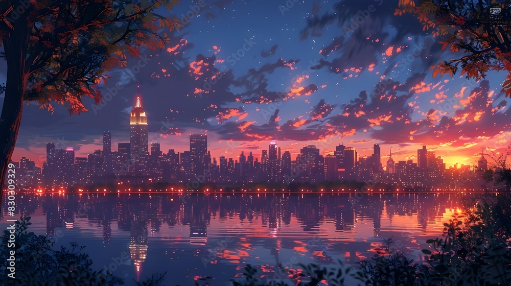 Tranquil Perspective of the Iconic New York City Skyline at Twilight