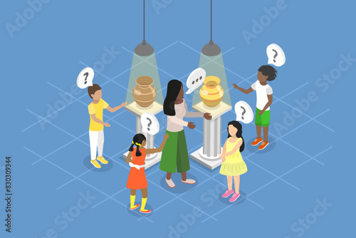 3D Isometric Flat Vector Illustration of Group Of Curious Kids in Gallery or Museum, Children at Excursion
