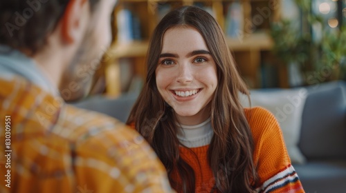 A smiling woman in a striped sweater engaging in a conversation with an out-of-focus person in the foreground.