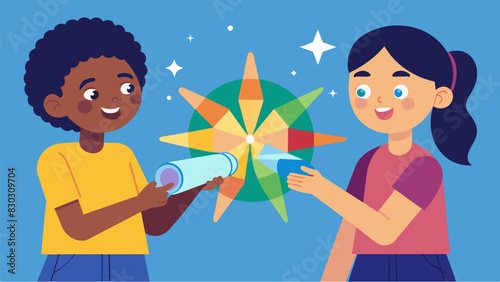 A pair of excited 4th graders showing off their homemade kaleidoscope explaining the principles of light and reflection behind their creation.. Vector illustration