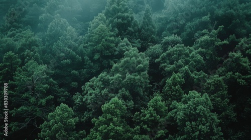 Aerial view of a dense green forest with a misty ambiance, capturing the lush tree canopy and the tranquility of nature.