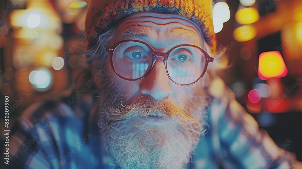 Close-up of a bearded hipster man with glasses looking at the camera against a blurred colorful background. Close-up of a bearded hipster man with glasses looking at the camera against a blurred colorful background.