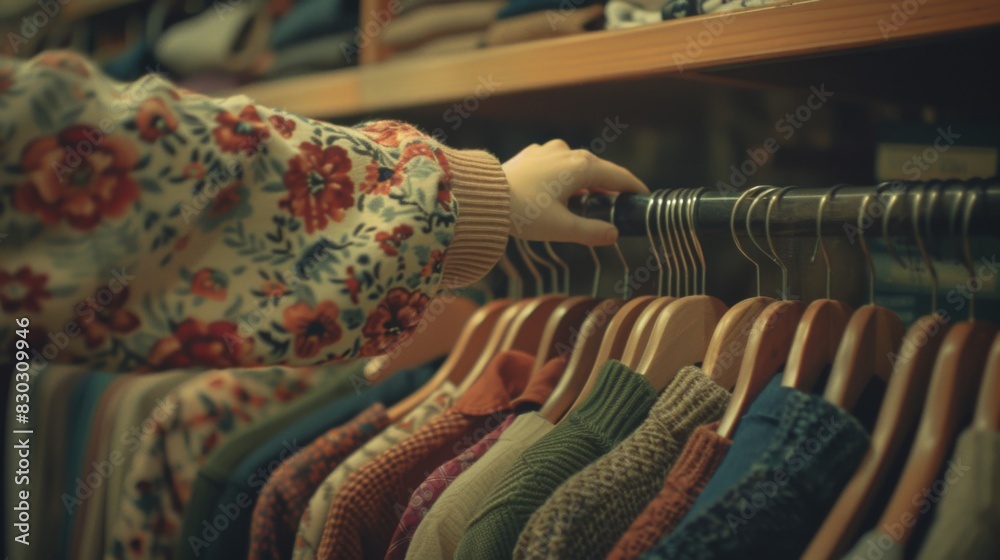 Obraz premium A person's hand browsing through a rack of assorted clothing on hangers, with a focus on the hand and clothing textures.