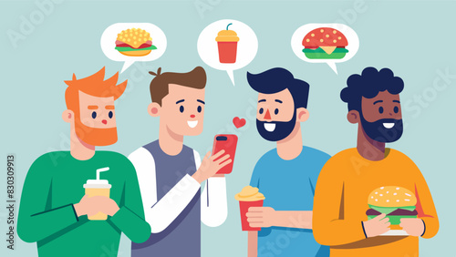 A group of male friends go out for burgers but one of them only orders a side salad and picks at it slowly constantly checking his phone for calorie tracker app updates.. Vector illustration