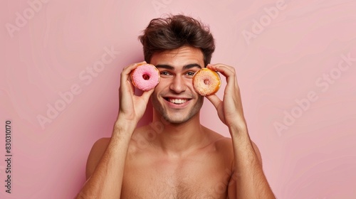 Unhappy man with gloomy expression stands topless indoor holds pile of sweet doughnuts applies collagen patches for reducing wrinkles under eyes isolated over pink background. Beauty concept  photo