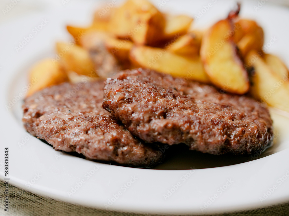 Beef burger and potato wedges on a white plate. Simple plain meal. Dinner with meat product and vegetable. Beef burger and potato wedges on a white plate. Simple plain meal. Dinner with meat product and vegetable.