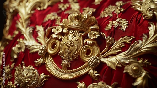 Close-up of a luxurious red throw pillow with golden embroidery and crown detail, showcasing rich texture and ornate design.