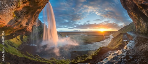 A waterfall is seen in the foreground of a beautiful landscape