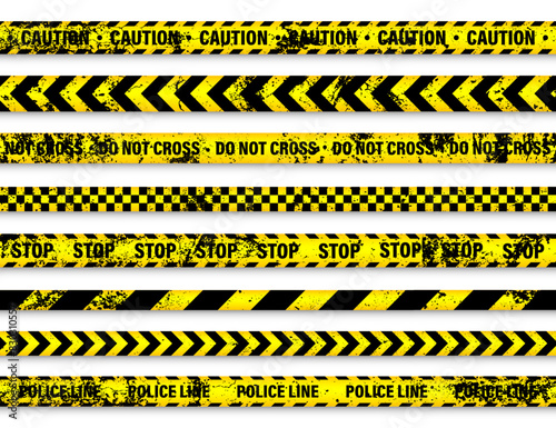 Old grunge barricade construction tape. Yellow police warning line, brightly colored danger or hazard stripe, ribbon. Restricted area, zone. Attention symbol. Vector illustration