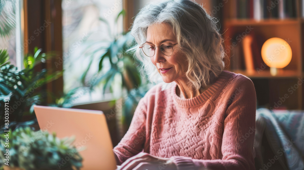 Mature Woman Working on Laptop at Home