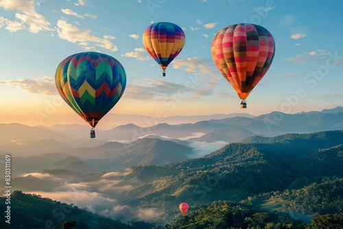 colorful hot air balloons floating over scenic mountain landscape adventurous travel concept © Lucija