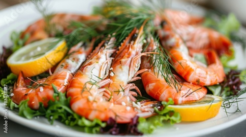 Cooked prawns delicately arranged on a bed of salad garnished with dill and lemon slices on a plate.
