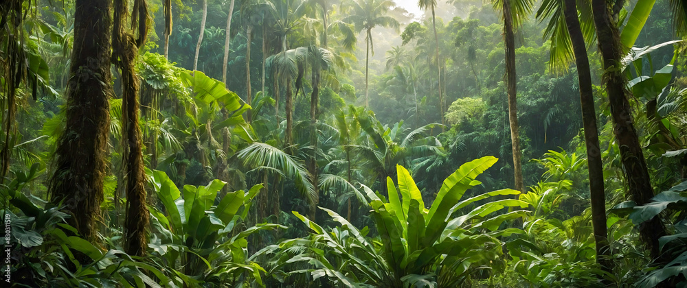 Fototapeta premium A vibrant, emerald forest brimming with a diverse array of towering trees and lush foliage creating a majestic and serene natural landscape