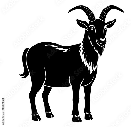 Vintage style illustration of a goat or sheep in black and white for agricultural and livestock themes, farming and retro linocut logo style