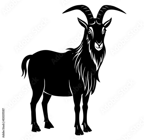 Vintage style illustration of a goat or sheep in black and white for agricultural and livestock themes, farming and retro linocut logo style
