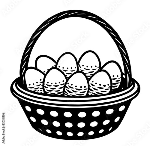 Monochrome vector illustration of a basket filled with farm eggs, symbolizing ecofriendly produce and sustainable agriculture