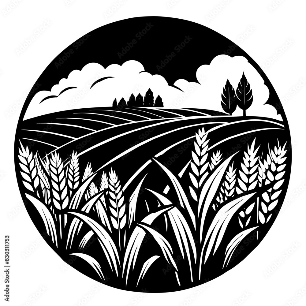 Black and white illustration showcasing an idyllic farm scene with ...