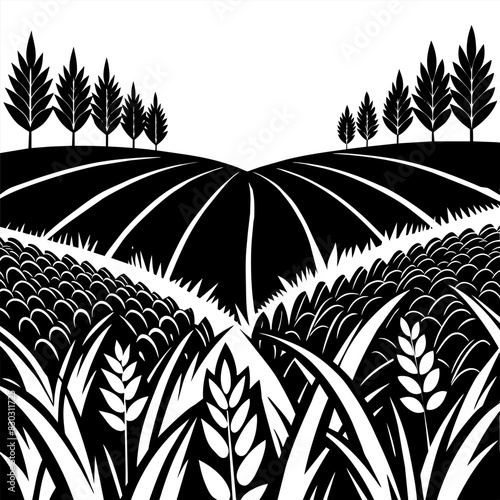 Serene black and white illustration showcasing lush fields, agriculture patterns, and ecofriendly farming practices. Farm scene captured in vintage linocut style logo