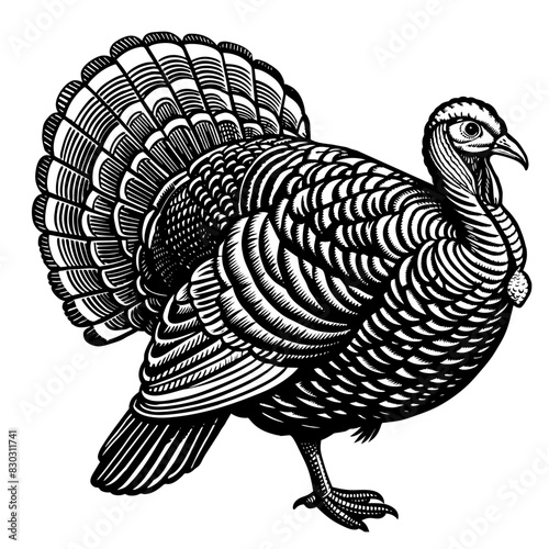 Vintage style illustration of a turkey in black and white for agricultural and livestock themes, farming and retro linocut logo style