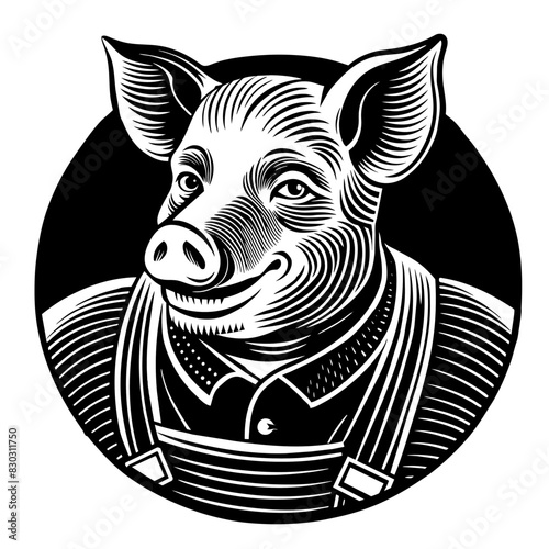Vintage style illustration with face of a pig or sow  hog  pork in black and white for agricultural and livestock themes  farming and retro linocut logo style
