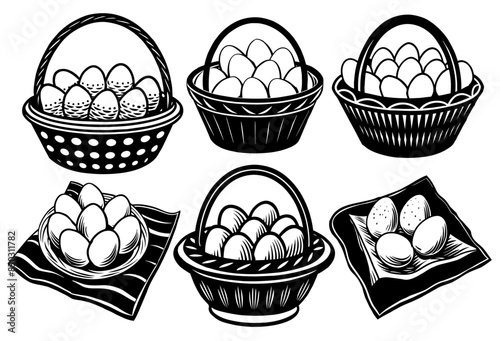 Black and white illustration set of a full basket of eggs, depicting collection of farm fresh produce and an ecofriendly food theme