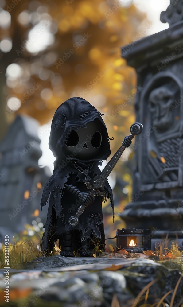 Fototapeta premium cute small grim reaper kid on graveyard, spooky fun halloween background wallpaper