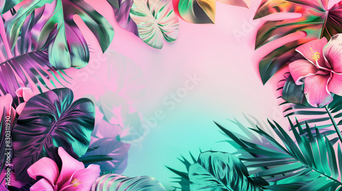 Tropical flowers and leaves background. Vibrant pink and aqua blue gradient colors. Modern illustration.