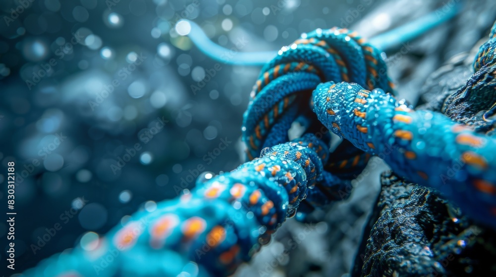 Close-up of a colorful climbing rope secured around a rugged rock surface with blurred background. Close-up of a colorful climbing rope secured around a rugged rock surface with blurred background.
