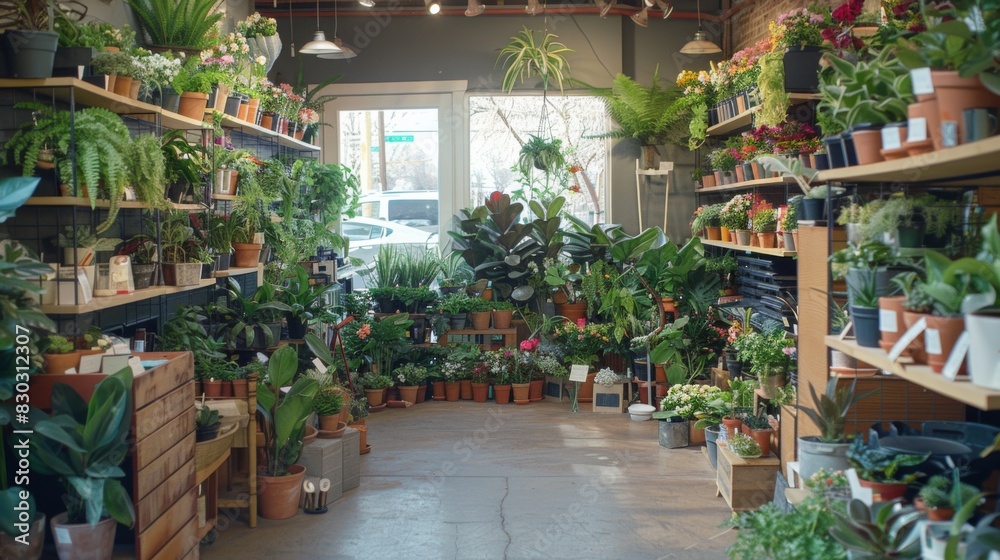 Indoor flower shop full of lush green plants and arranged pots creating a cozy atmosphere for a dinner setting. Indoor flower shop full of lush green plants and arranged pots creating a cozy atmosphere for a dinner setting.