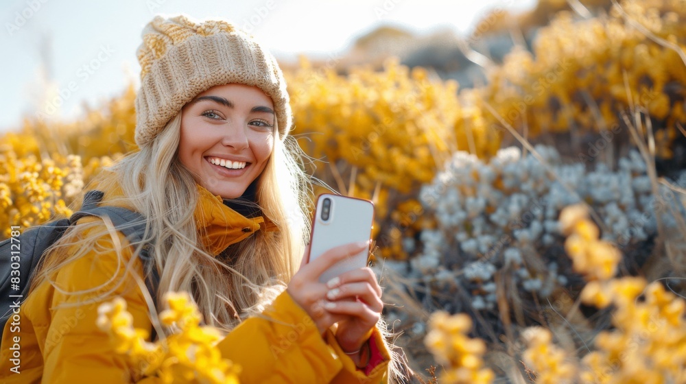 Fototapeta premium A female traveler with a backpack takes a selfie among yellow flowers, wearing a beanie and a warm smile.