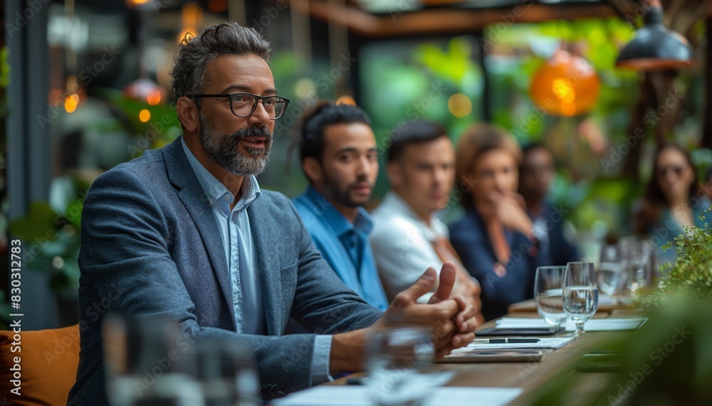 Business meeting in a modern restaurant setting