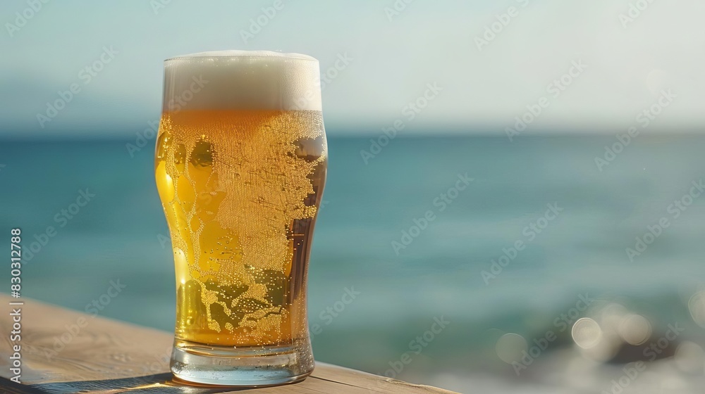 refreshing glass of beer with sea backdrop closeup beverage photography refreshing glass of beer with sea backdrop closeup beverage photography