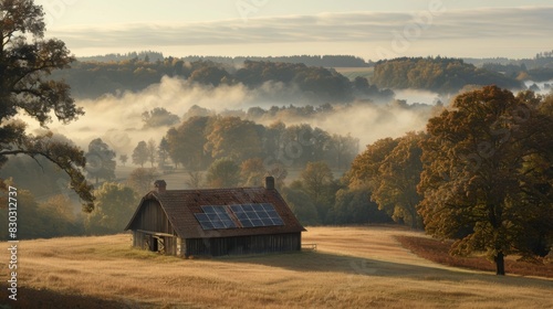 A rustic barn with solar panels on its rooftop is surrounded by fields and trees with morning mist.