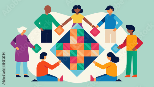 A group of neighbors organized a quilt block swap where each person made a block and traded with others resulting in a diverse and collaborative quilt.. Vector illustration