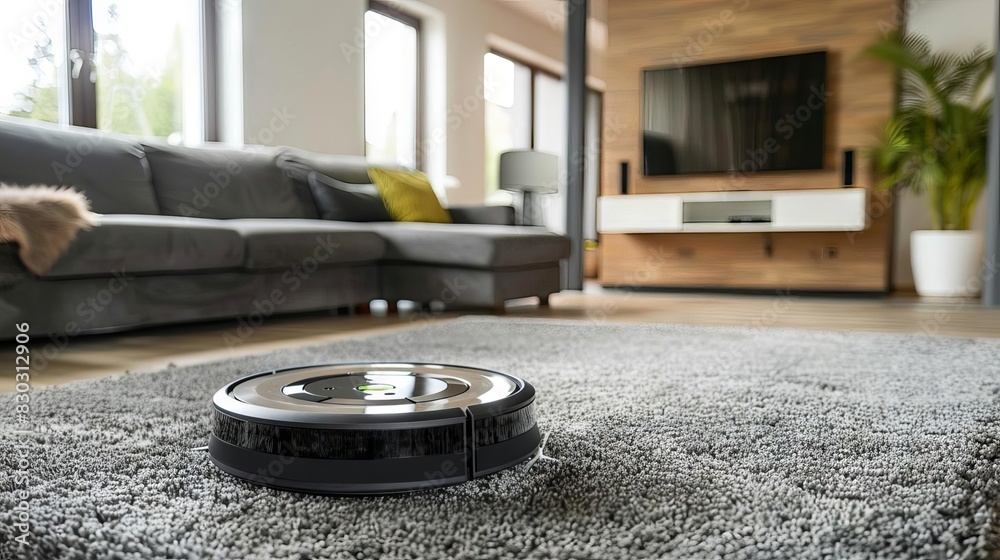 robot vacuum cleaner efficiently cleans carpet in modern living room interior robot vacuum cleaner efficiently cleans carpet in modern living room interior