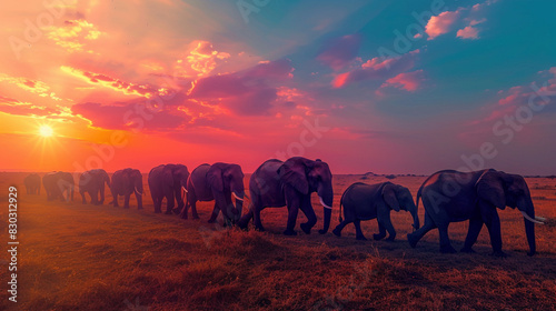 Majestic Sunset March of Elephants in the African Savannah © Nijam