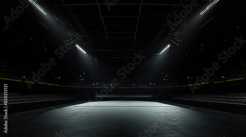 Empty Arena with focus lights. Empty Stadium, dark perfomance. 