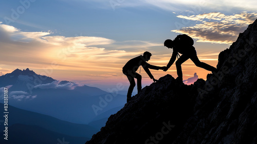 Silhouette of helping hand between two climber. couple hiking help each other silhouette in mountains with sunlight. The men helping pull people up from high cliffs. Showing Mitigating Risk 
