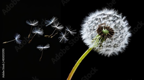 Dandelion with seeds blowing away in the wind across on black background