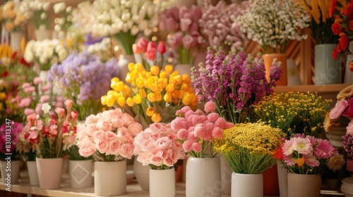 Colorful flower arrangements in a cozy indoor setting, likely a flower shop, with a variety of blooms in vases.