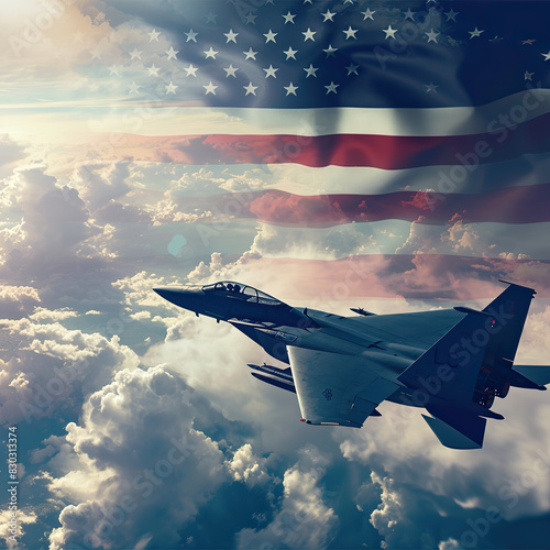 USA Fighter Jet flying over the sky with american flag. 