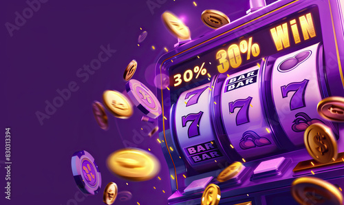 Purple Casino slot 3d rendering with Gold Coins. 